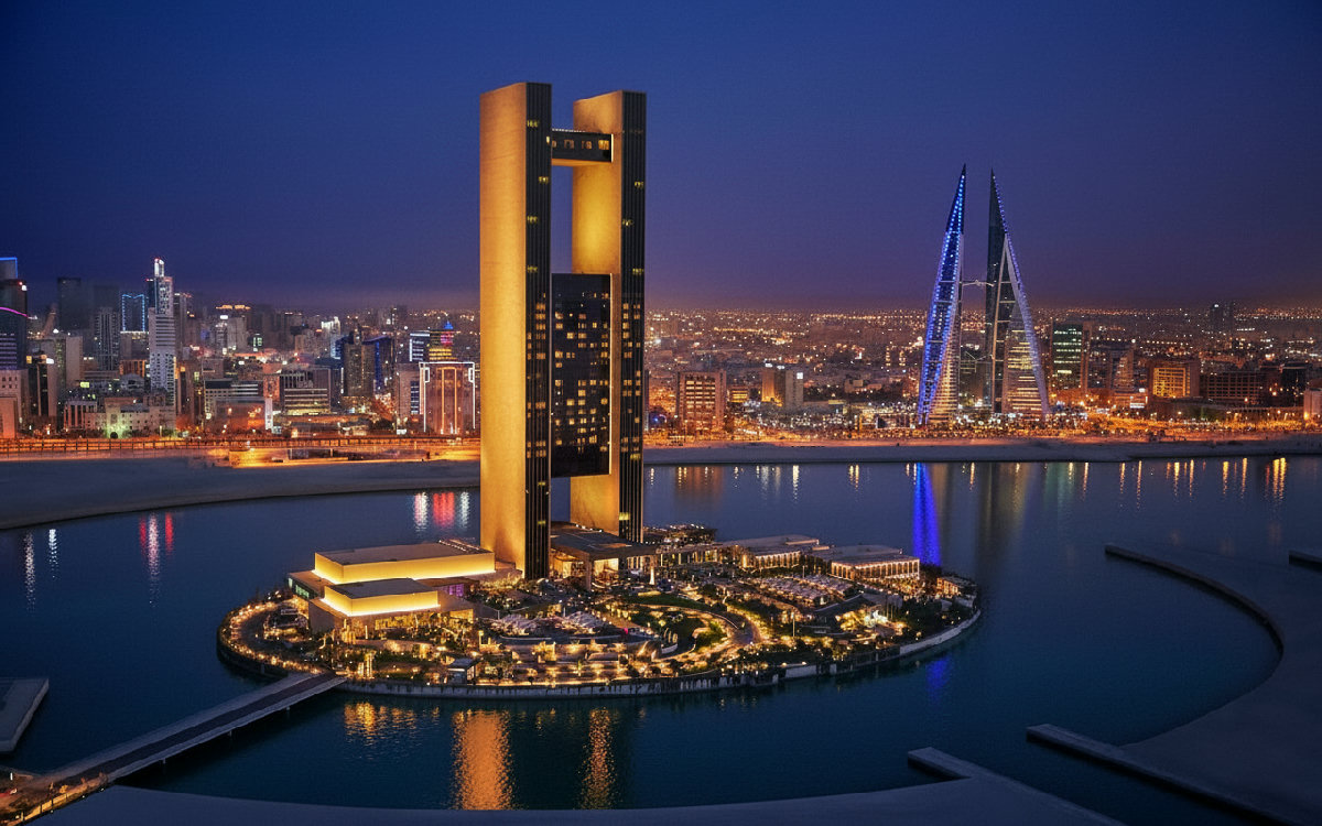 Bahrain skyline at night showing modern towers and waterfront