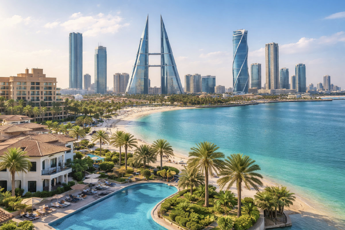 Aerial view of Bahrain residential areas including waterfront and city districts