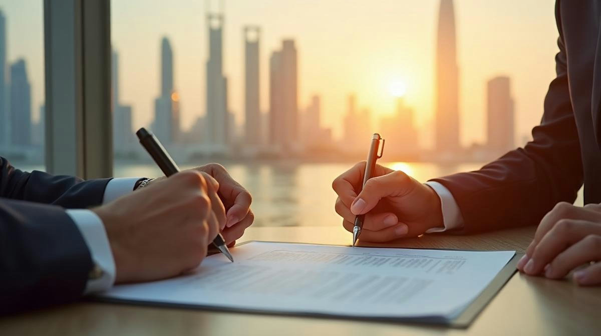 Signing property documents with Bahrain skyline in the background