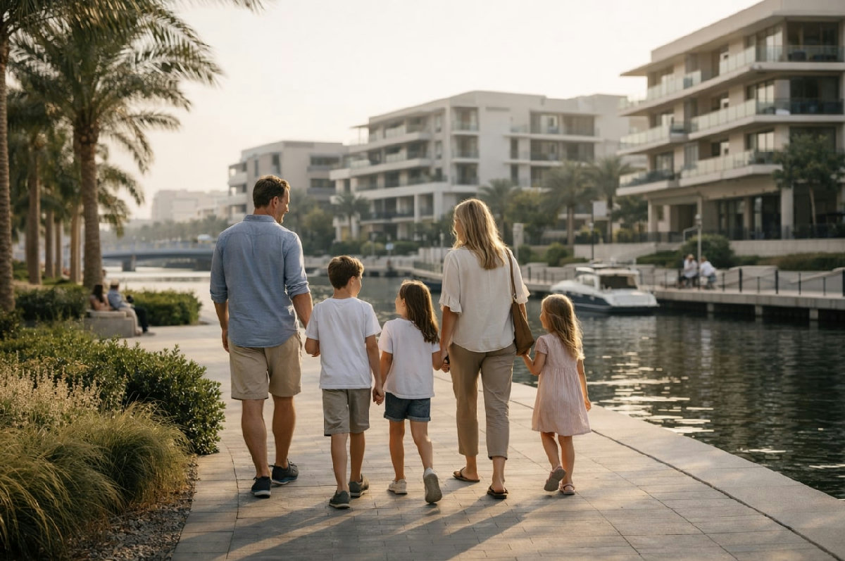 Expat family walking along waterfront promenade in Bahrain residential community