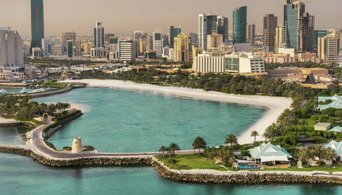 Aerial view of Bahrain freehold areas including waterfront developments