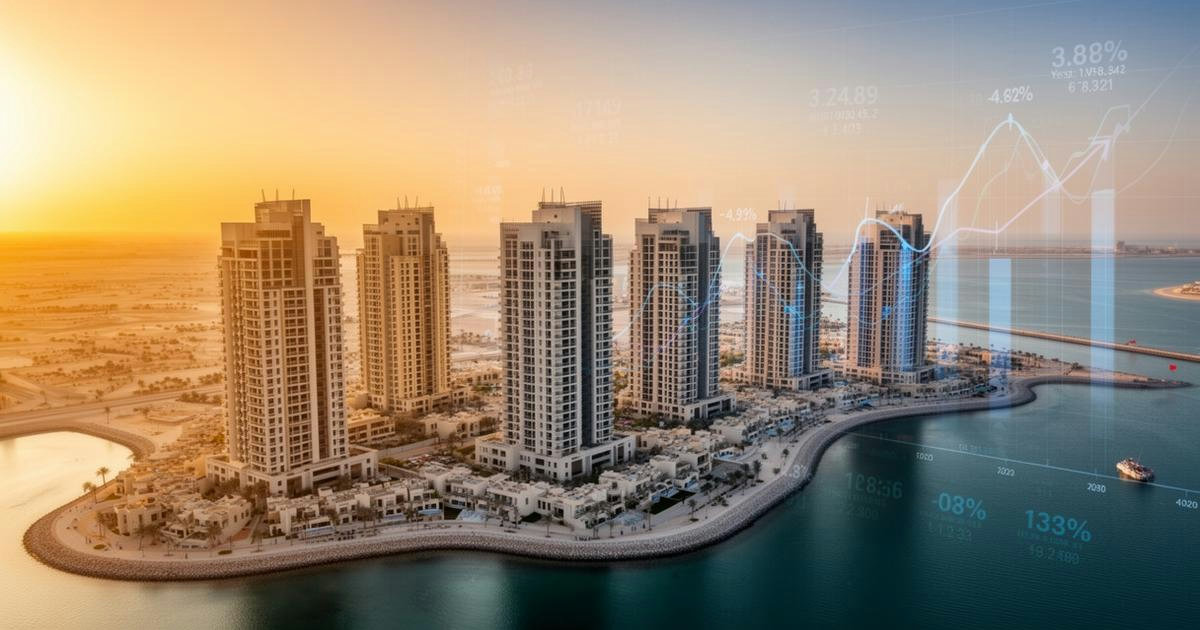 Aerial view of residential waterfront towers in Bahrain with investment yield data overlay at golden hour
