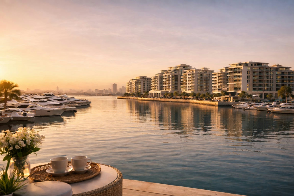 Bahrain marina waterfront with luxury apartments at sunset