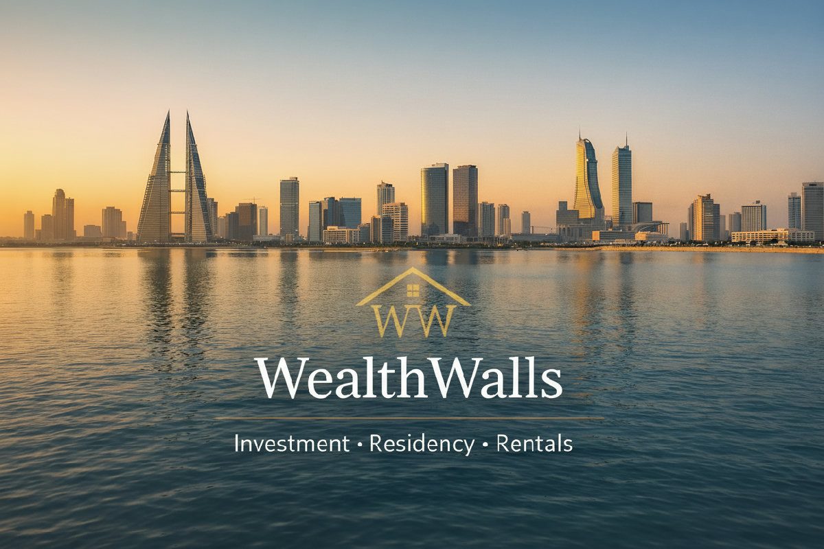 Bahrain skyline with WealthWalls branding representing long-term GCC real estate investment