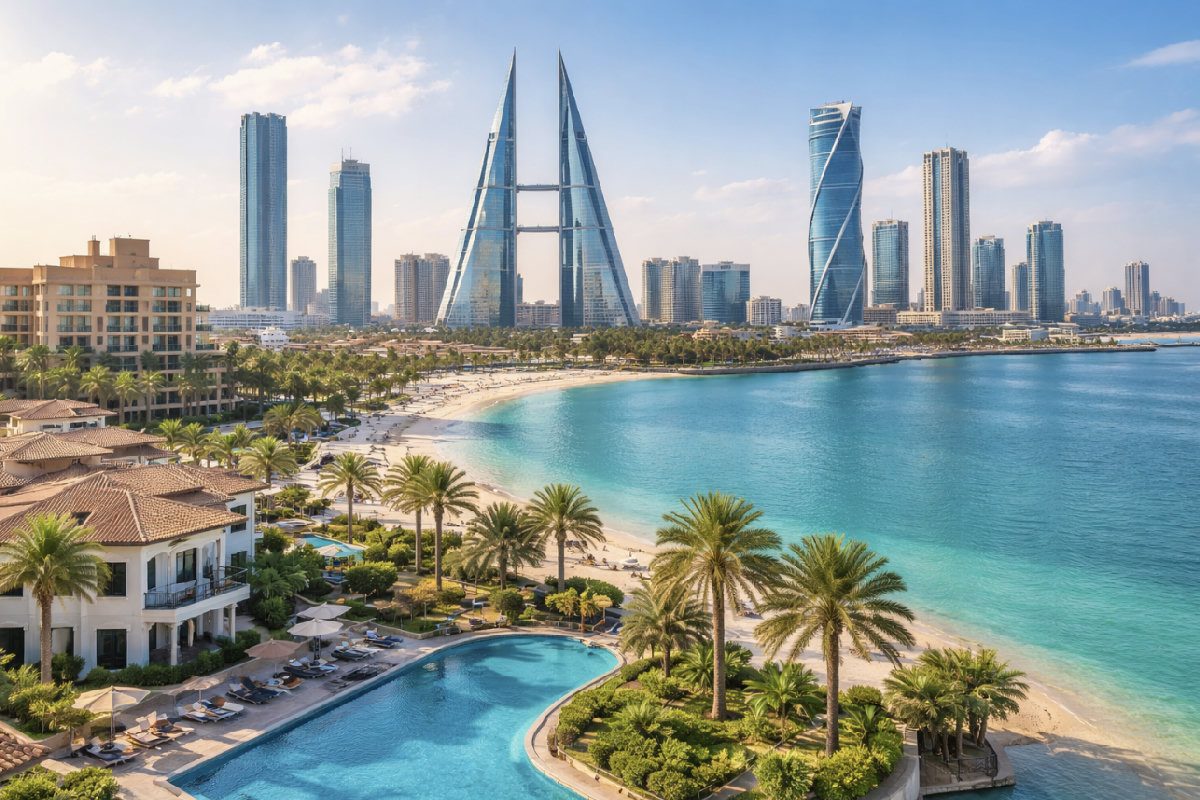 Aerial view of Bahrain residential areas including waterfront and city districts